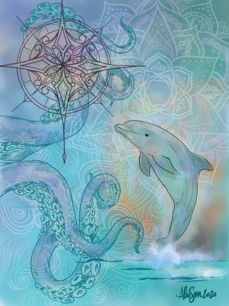 Dolphin, rose compass and design on multicolor background.