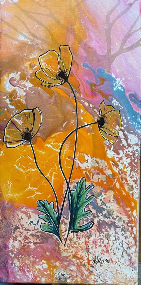 California poppies on multicolored background