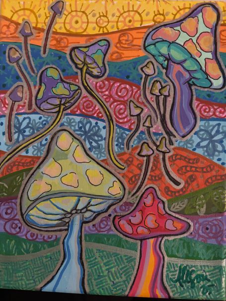 Multicolor mushrooms on a decorative background.