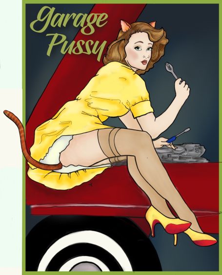 Image of a pin-up model on a car with the title Garage Pussy.