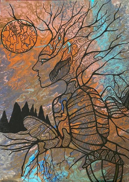 Man made of branches on multicolor background