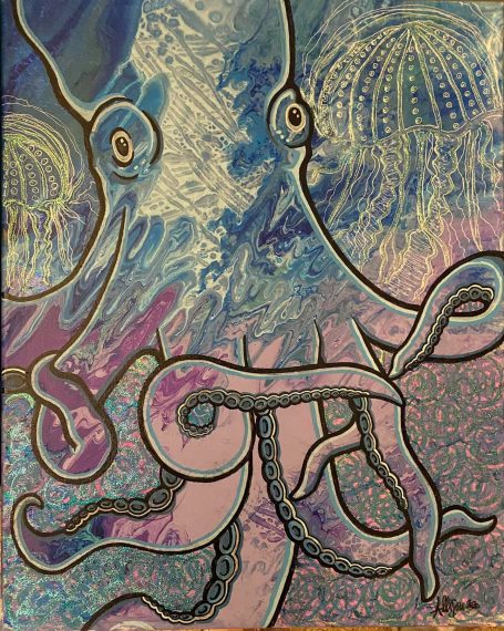 Image of an octopus on multicolored background.