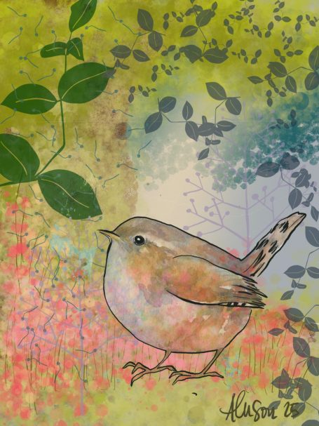 Image of a bird with leaves and abstract background.