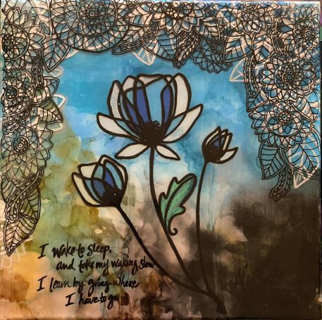 Flowers on a blue and brown background.