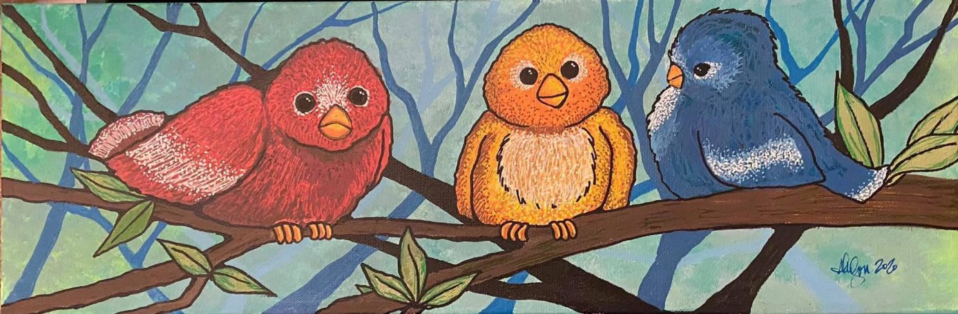 Three birds on a branch. Acrylic on canvas.