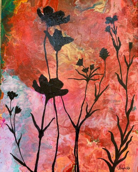 Silhouettes of flowers on a red background.