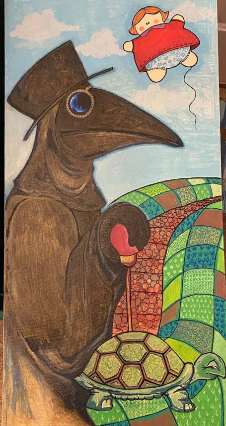 A plague doctor walking through a surreal background.