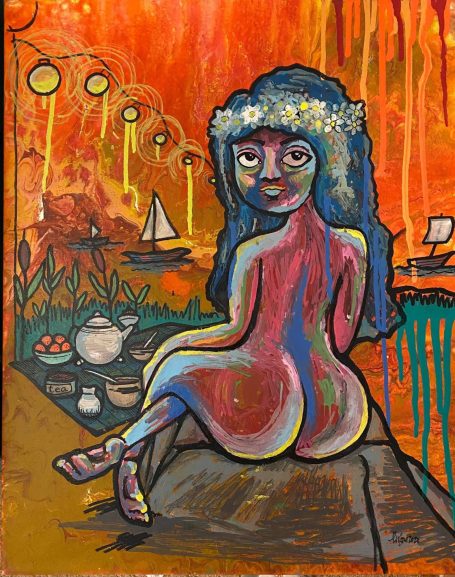 Image of a nude woman sitting near a pier.
