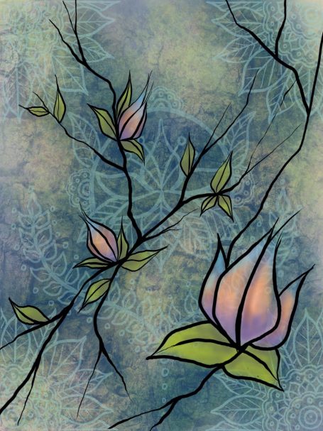 Flowers and branches on a decorative background.