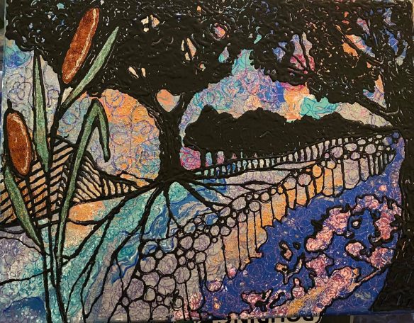 Silhouette of a farm on a multicolored background.
