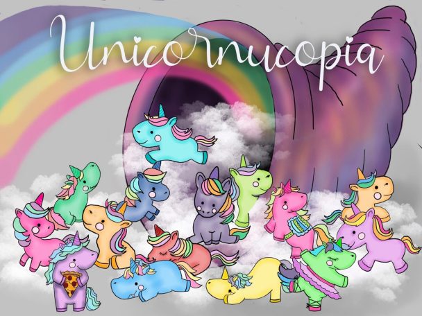 Tiny unicorns dancing out of a cornucopia